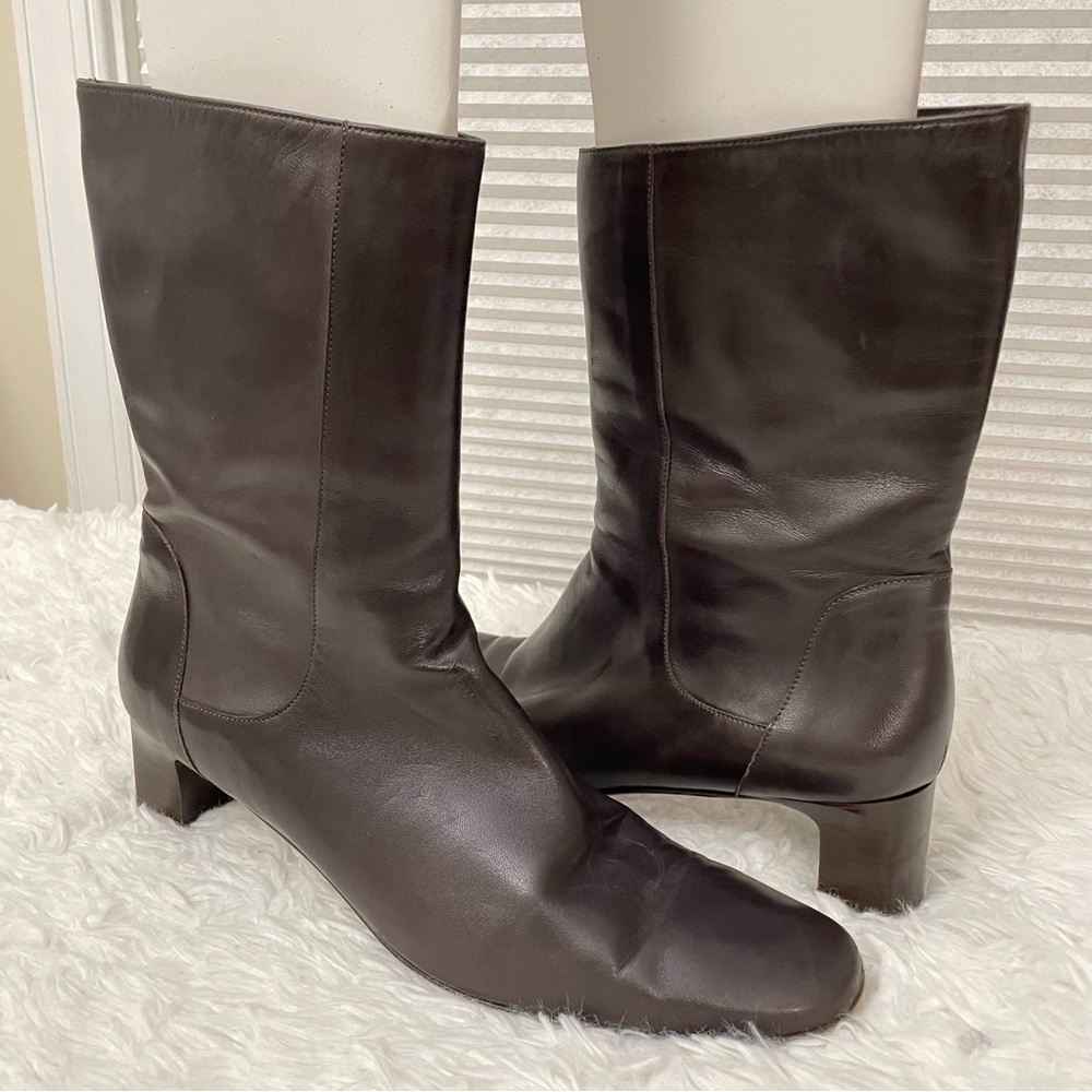 Cole Haan Made in Italy Brown All Leather Mid Boots, side zip low heel sz 11 AA